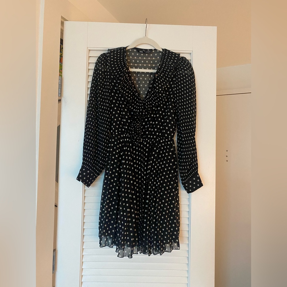 Zara Black and White Polka Dot Long Sleeve Dress